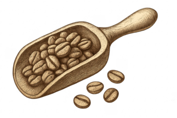Coffee beans in wooden scoop drawing illustration