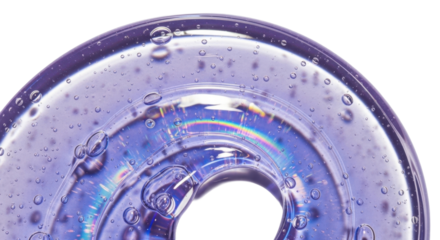 iridescent purple and blue gel texture, holographic reflections, smooth curved surface, macro close-up on white background, photorealistic clean aesthetic, cosmetic serum visual
