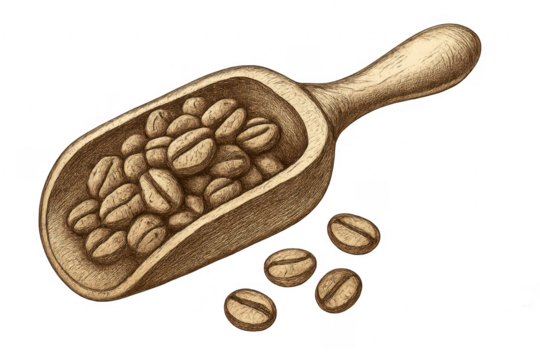 Coffee beans in wooden scoop drawing illustration - Powered by Adobe