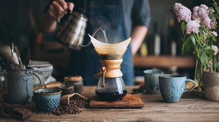 Pour over coffee brewing at home hot water being poured into a dripper a slow and mindful coffee ritual