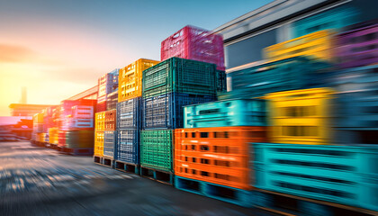 SunriseFoodHaul bright morning scene of a busy food distributor's warehouse with stacks of colorful crates, early light rays, fast-paced atmosphere, bold colors, industrial concept