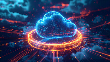 Cloud Computing Visualization: A stunning digital representation of cloud computing, showcasing the intricate connections and data flow within the digital realm.