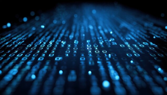 a blue background with binary code, computer keyboard keys, and data points. abstract digital technology concept Generative AI