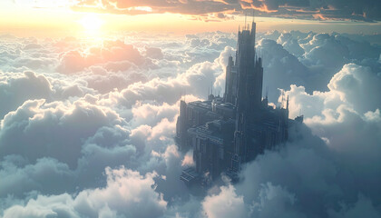 Sky Castle: A breathtaking aerial view of a majestic castle perched high above the clouds, bathed in the ethereal glow of the morning sun, conveying a sense of awe and wonder.