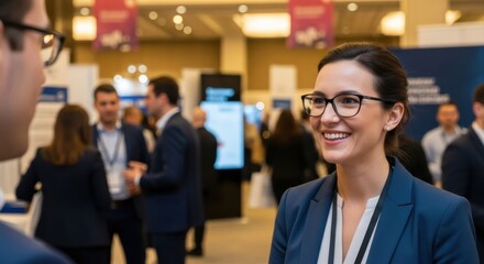 Professional businesswoman smiling and networking at corporate conference event with people in formal attire discussing and exchanging ideas in modern exhibition hall setting