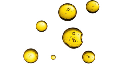 golden oil droplets of various sizes, floating on white background, skincare serum or vitamin oil concept, macro photography, minimal composition, clean bright lighting