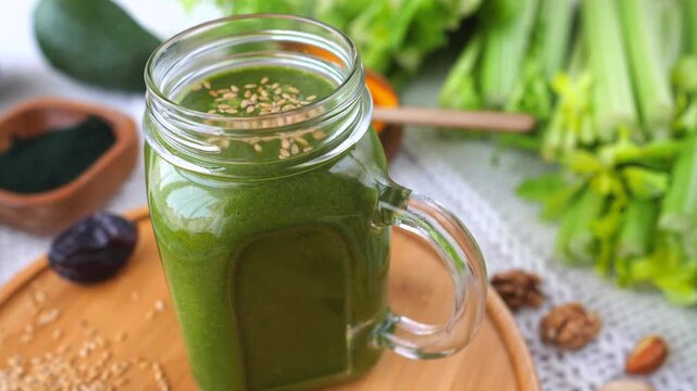 Freshly made green smoothie in a glass mason jar topped with sesame seeds, surrounded by healthy ingredients like celery, avocado, dates, walnuts, and spirulina powder for a detox diet