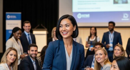 Diverse business team networking at professional corporate event with smiling confident Asian businesswoman leader in focus, modern office conference room, teamwork and leadership concept
