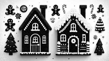 Fototapeta premium Minimalist black and white gingerbread houses and cookies on a textured white background.