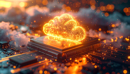 Cloud Computing and Digital Innovation: An illuminated cloud of data hovers above a microchip, representing the powerful concept of cloud computing and the future of technology and digital innovation.