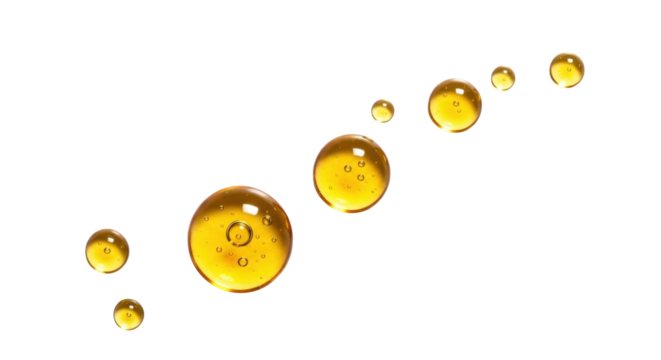 golden oil droplets of various sizes, floating on white background, skincare serum or vitamin oil concept, macro photography, minimal composition, clean bright lighting