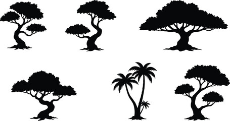 Tree silhouette illustration pack, black tree shapes, bonsai, palm, forest, nature clipart, isolated vector, decorative, landscape, design