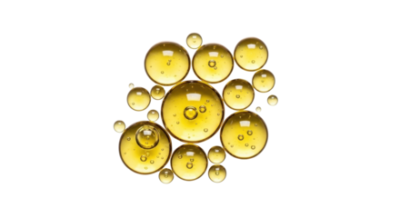 golden oil droplets of various sizes, floating on white background, skincare serum or vitamin oil concept, macro photography, minimal composition, clean bright lighting