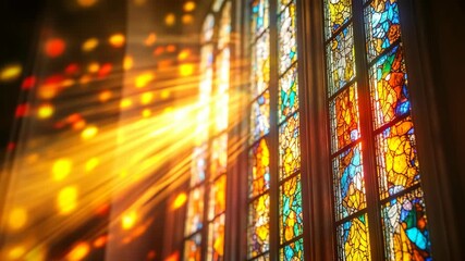 Colorful stained glass cathedral interior glowing with sunlight beams symbolizing architecture, history, religion faith art spirituality divine worship culture tradition inspiration light, and beauty - Powered by Adobe