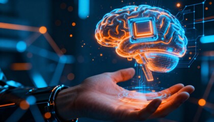 Holographic brain microchip hovering above human hand, photorealistic lighting, blue and orange glow, abstract cyber digital background