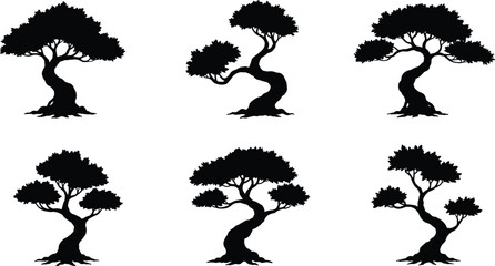 Tree silhouette illustration, bonsai inspired, artistic black trees, twisted trunks, dense foliage, nature clipart, decorative vector, isolated white background