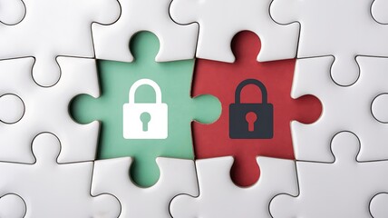 Protect your data with interconnected security solutions, featuring puzzle pieces with white and black padlock icons on green and red backgrounds