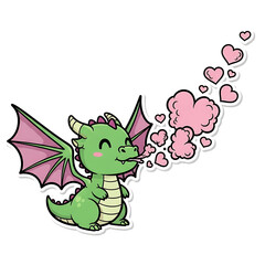 Obraz premium Green cartoon dragon blowing pink hearts isolated on white background