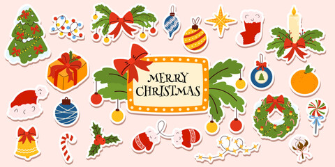 Vector Christmas sticker set with tree, wreath, gifts, ornaments, bows, and holiday decorations. Perfect for festive design, cards, wrapping, and winter crafts