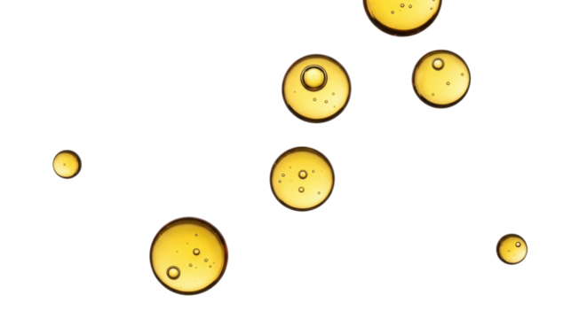 golden oil droplets of various sizes, floating on white background, skincare serum or vitamin oil concept, macro photography, minimal composition, clean bright lighting