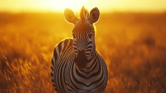 A zebra stands against a vibrant golden sunset, showcasing the wonders of nature in this captivating and breathtaking display of wildlife beauty that inspires awe and appreciation in every observer