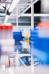 Close up of colorful samples in test tubes arranged on laboratory shelf rack. Focus on fluid specimen containers in empty clinical laboratory environment used for medical research
