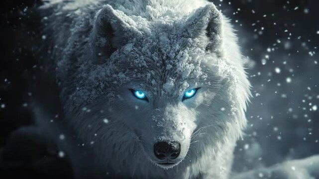 White wolf with glowing blue eyes in snowy wilderness, majestic predator staring with strength and mystery, symbolizing power, resilience, and the untamed spirit of nature under cold winter skies