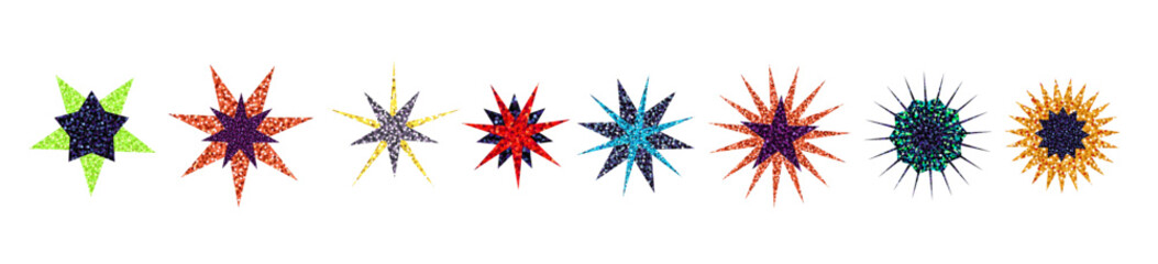 Glitter star stickers with layered sequin textures in green, blue, red, gold, and purple. Shiny confetti sparkle effect in mixed geometric star shapes. Vector design for crafts, party decor