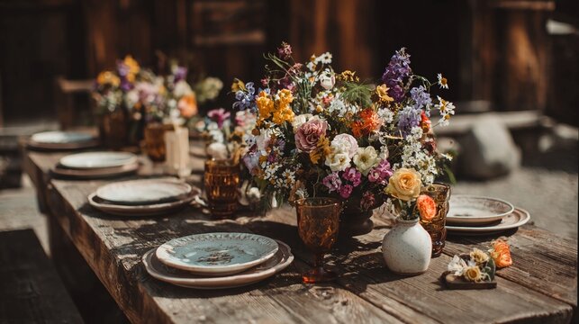 Rustic table setting with colorful wildflowers vintage glassware and ceramic plates perfect for outdoor dining and special events