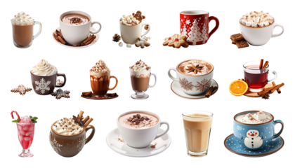 PNG Assorted festive hot beverages collection, element set on transparent background