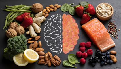 Chalk hand drawn brain picture with assorted food, food for brain health and good memory: fresh salmon, vegetables, nuts, berries on black background. Foods to boost brain power, top view, copy space