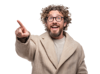 Confident man with curly hair smiling and pointing while wearing a beige coat in a bright setting Generative AI