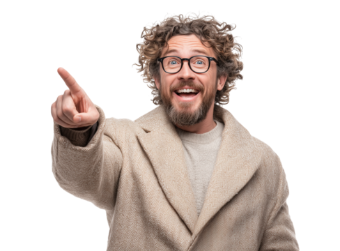 Confident man with curly hair smiling and pointing while wearing a beige coat in a bright setting Generative AI