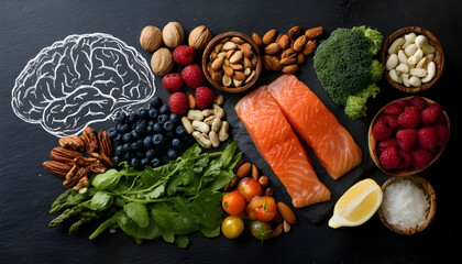 Chalk hand drawn brain picture with assorted food, food for brain health and good memory: fresh salmon, vegetables, nuts, berries on black background. Foods to boost brain power, top view, copy space