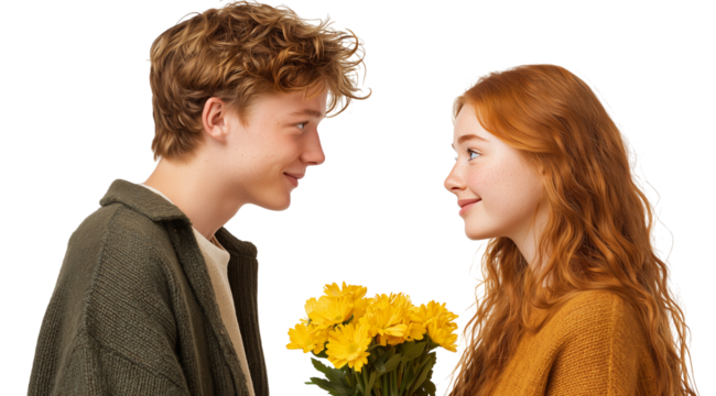 Young couple exchanges smiles while holding flowers in a cheerful moment Generative AI