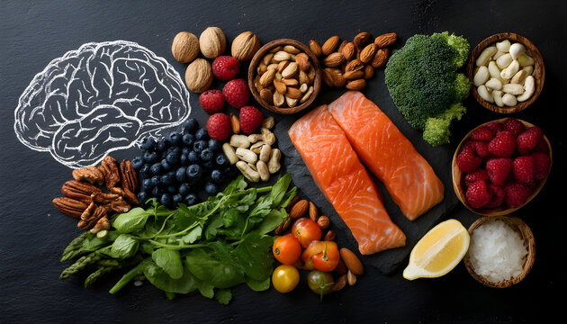 Chalk hand drawn brain picture with assorted food, food for brain health and good memory: fresh salmon, vegetables, nuts, berries on black background. Foods to boost brain power, top view, copy space