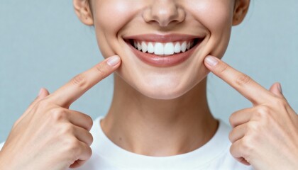 Professional close-up of smiling woman’s mouth showing perfect teeth, index fingers pointing at cheeks, clean pale blue-grey background, banner format