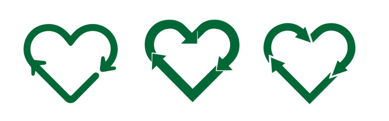 Green heart recycling arrow icons for eco sustainability and circular economy concepts