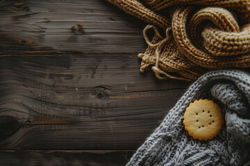 Knitted wool fabric with cookie on wooden table