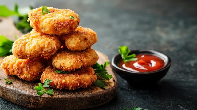 Delight in crispy chicken nuggetsarranged on charming rustic wooden board, accompanied by a side of savory ketchupan ideal appetizer for joyful gatherings filled with laughter among family and friends