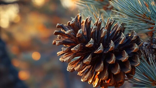 A close-up shot of a pine cone sitting on a branch of a tree