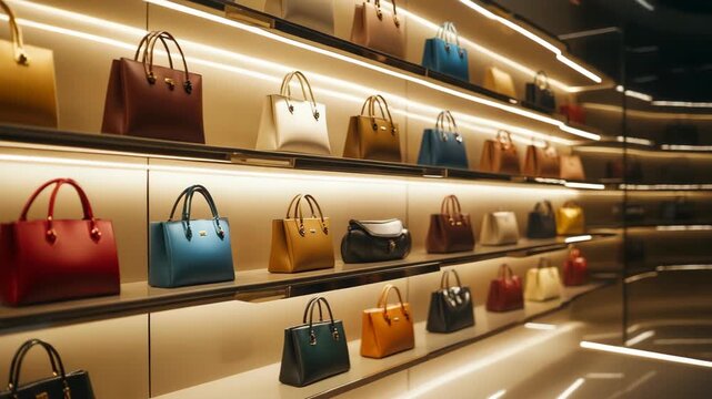 A spectacular showcase of fashionable handbags presents a luxury retail display featuring modern stylish collection of beautiful purses that capture the essence of trendy accessories in todays market