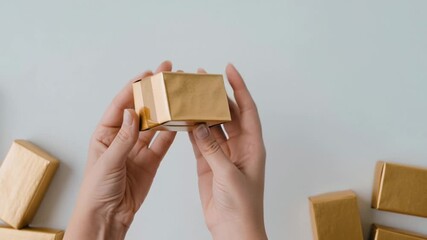 A woman's hands hold and rotate a small golden gift box. Top view of a present for a special occasion. Vertical video for holiday celebrations - Powered by Adobe