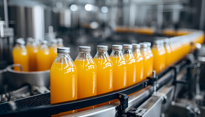 Modern production line for bottling and packaging natural juices and drinks. Concept of an industrial juice bottling plant, conveyor with juice.