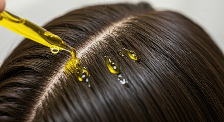 Close-up of hair being treated with an oil dropper. Drops of golden liquid are placed on the scalp and flow through the dark hair