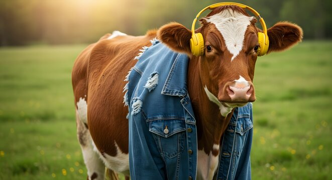 A cow wearing headphones and denim jacket stands in a serene green field