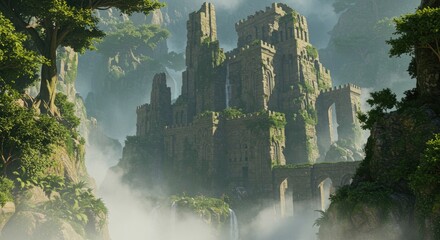 Majestic stone castle atop a misty mountain, surrounded by lush green foliage and waterfalls. A bridge arches over a chasm