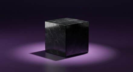 A smooth, dark cube rests center frame under a soft spotlight on a rich purple gradient background, creating a minimalist presentation