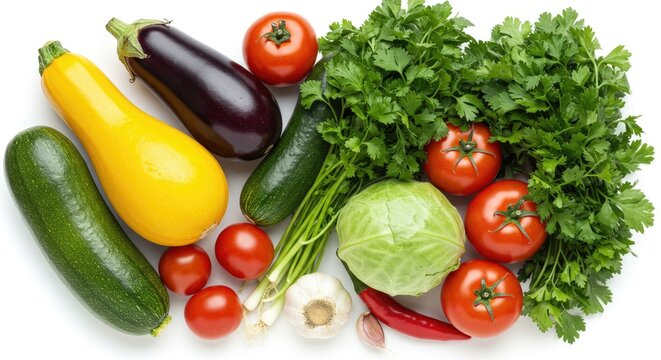 Overhead close-up of colorful fresh produce zucchini, eggplant, tomatoes, parsley, cabbage, green onions, and garlic against a white background - Powered by Adobe