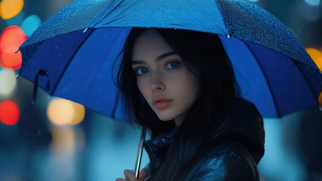 A woman holds an umbrella on a rainy day